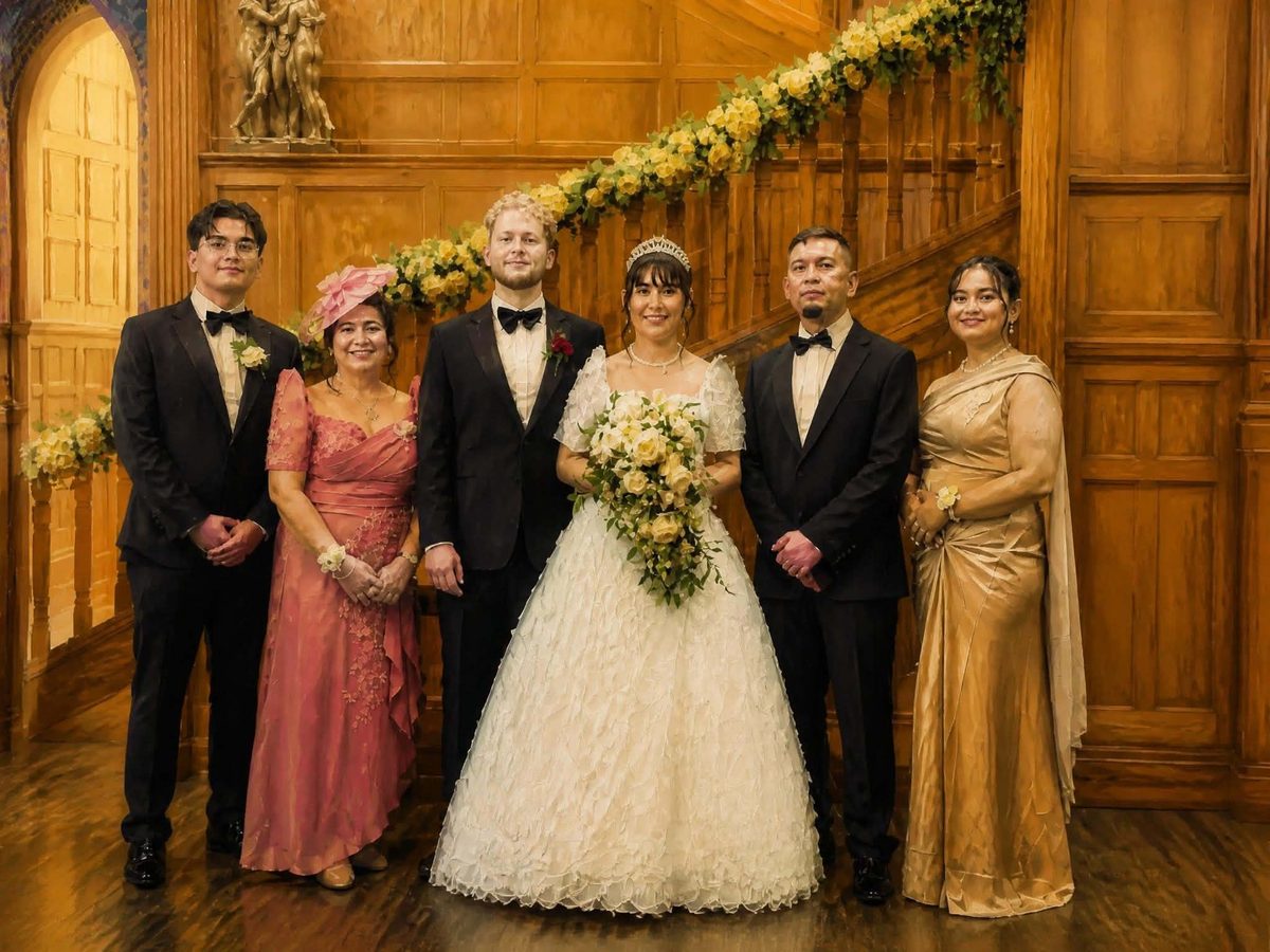 Painted portrait of the Casingcasing family in wedding finery, in front of a wooden staircase garlanded with yellow roses