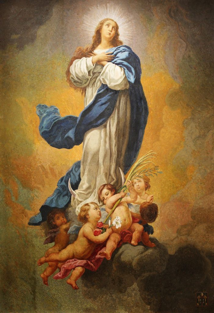 Mosaic of the Immaculate Conception: Our Lady in white and blue, standing on a crescent moon above cherubs holding roses, a lily and a palm branch